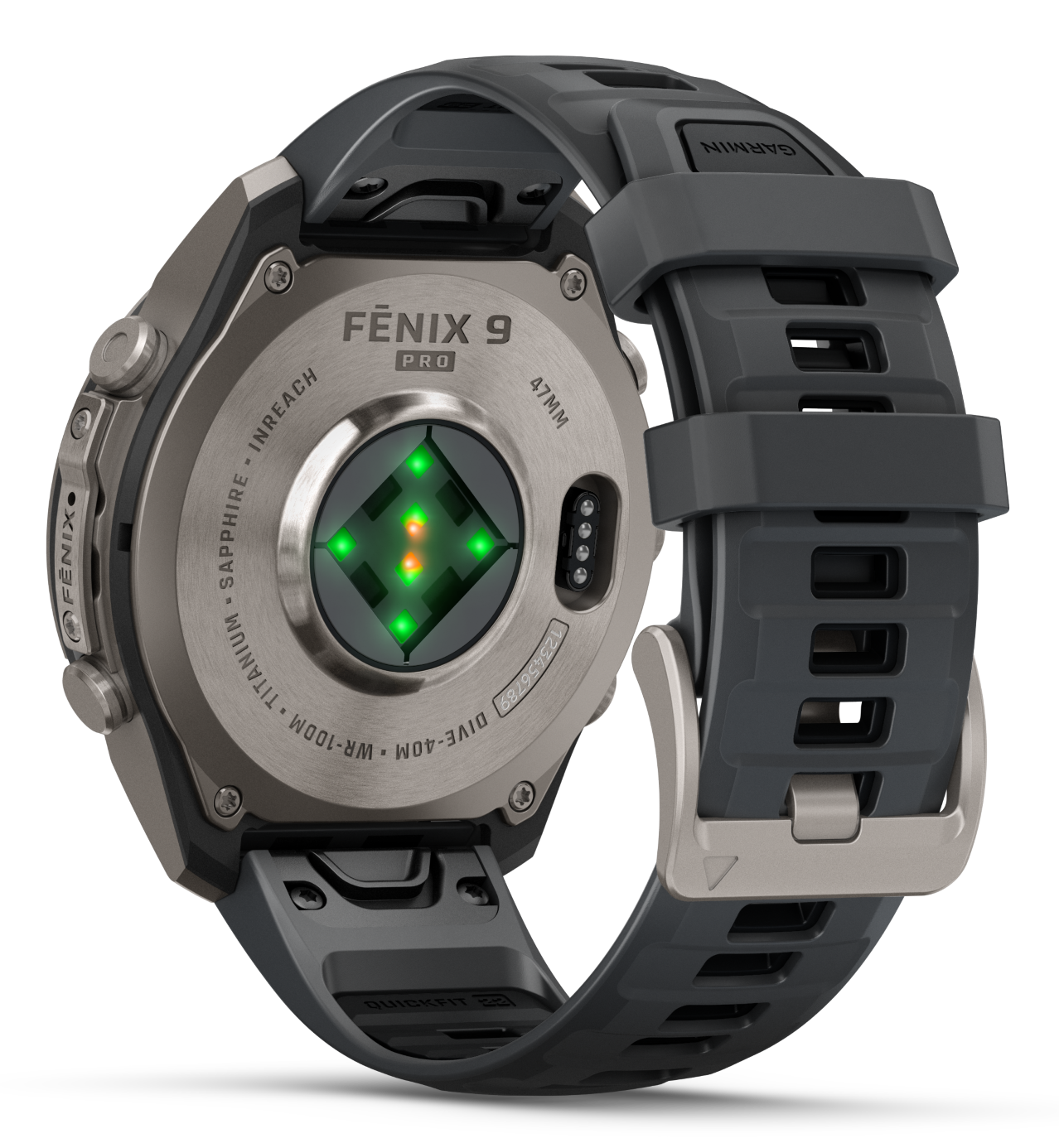 Tył zegarka Fenix 9 Pro z lampkami czujników i szarym silikonowym paskiem.