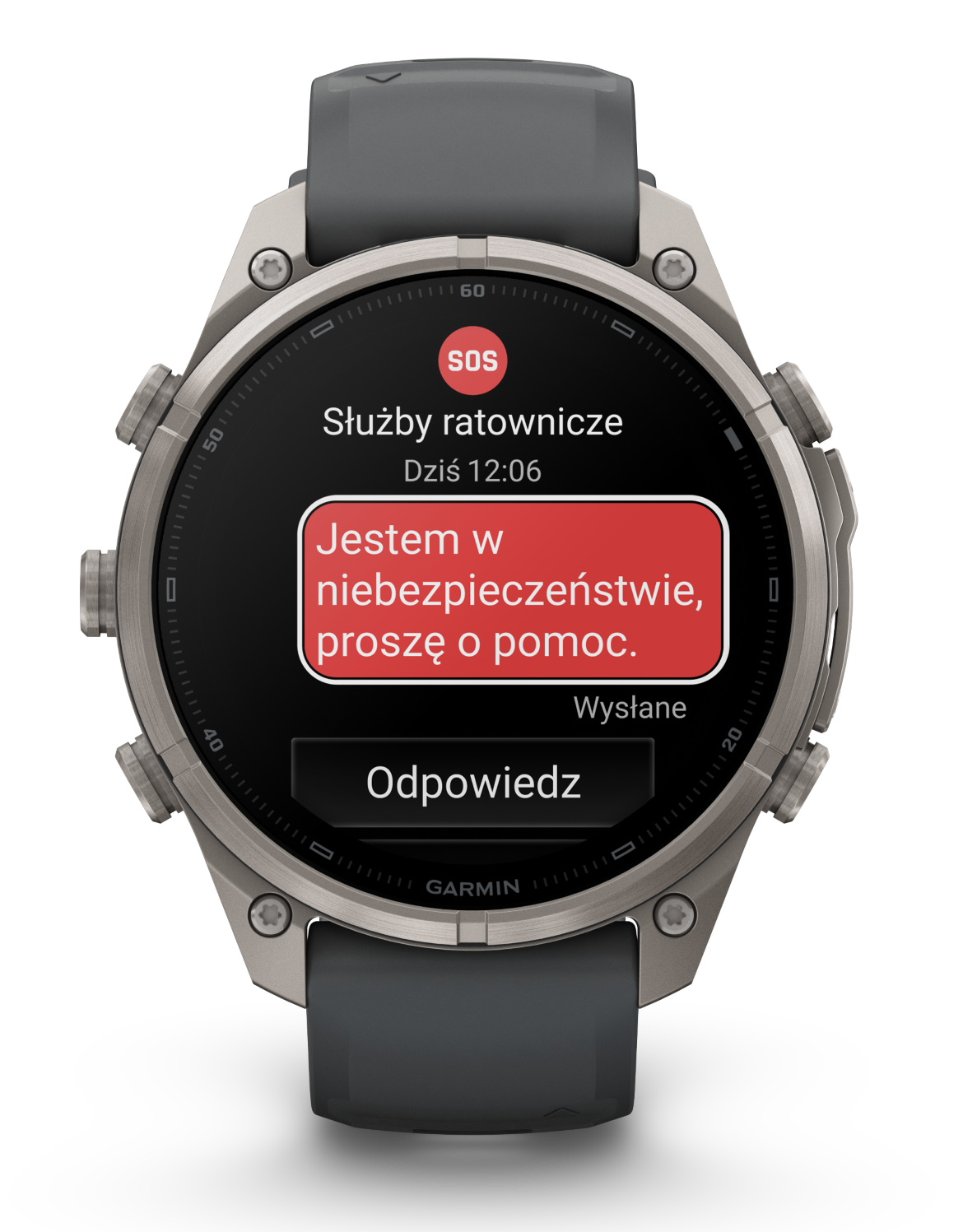Smartwatch wyświetla na ekranie czerwoną wiadomość alarmową SOS.
