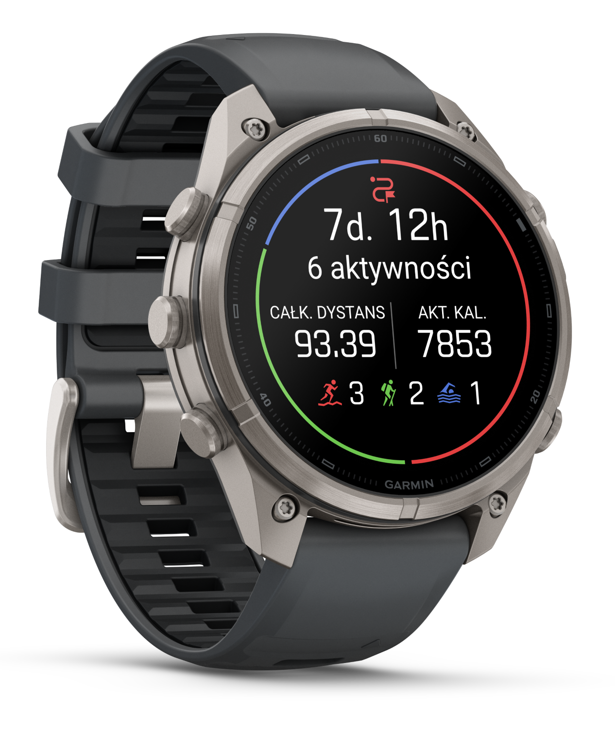Szary smartwatch Garmin z czarnym ekranem wyświetla dane o aktywności na czarnym tle.