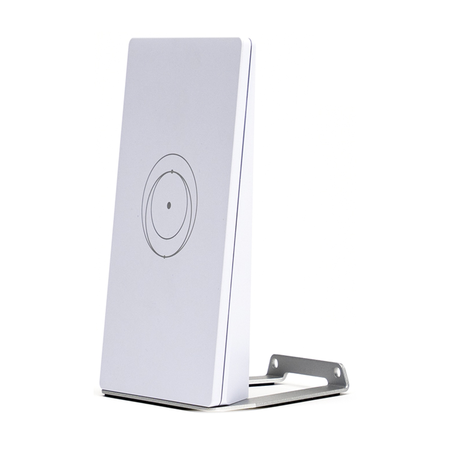 Un dispositivo elettronico rettangolare bianco con un logo a cerchi concentrici si trova su un supporto in metallo.