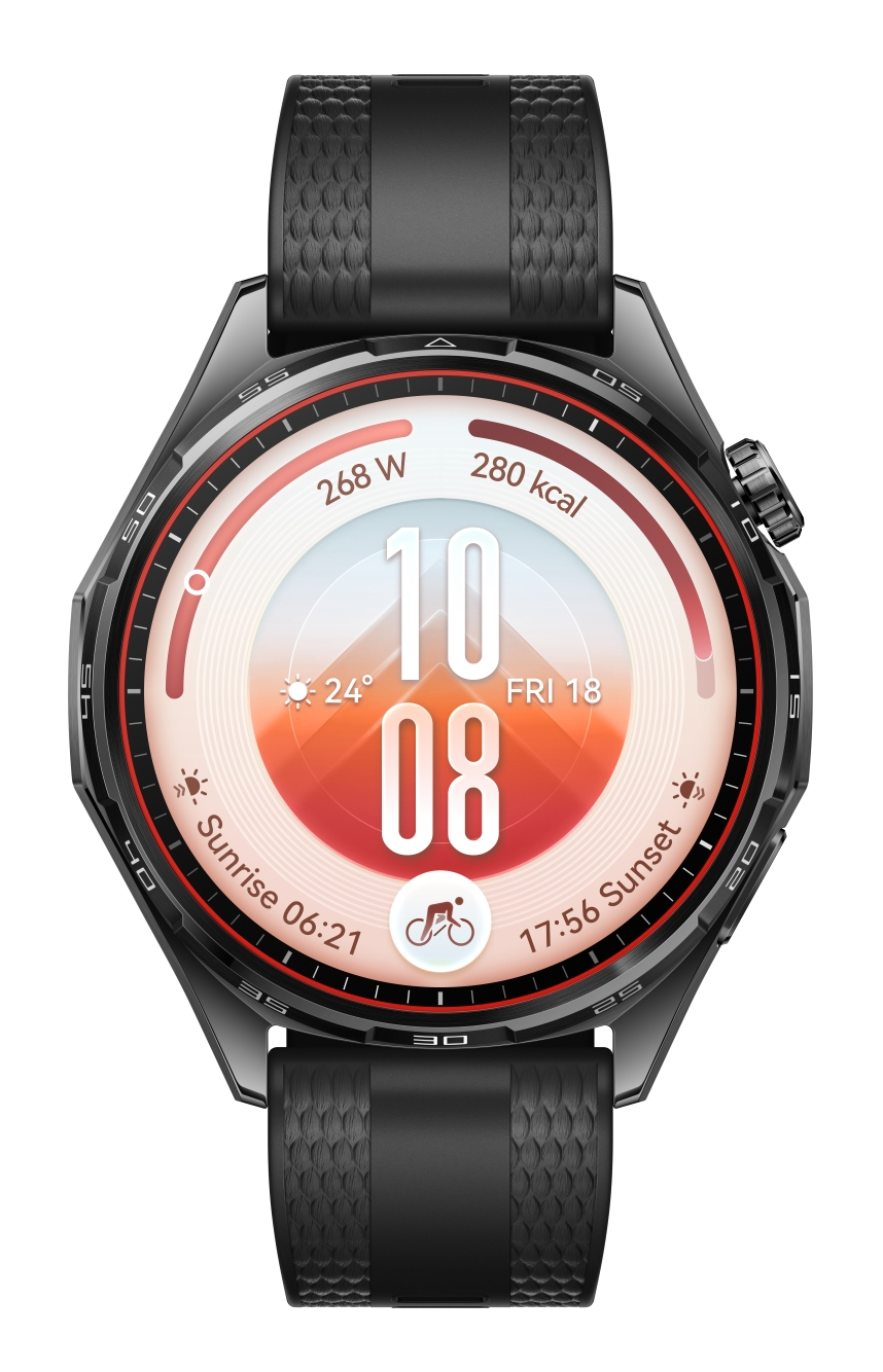 Czarny sportowy smartwatch z cyfrową tarczą wyświetlającą czas, pogodę, waty, kalorie oraz godziny wschodu i zachodu.