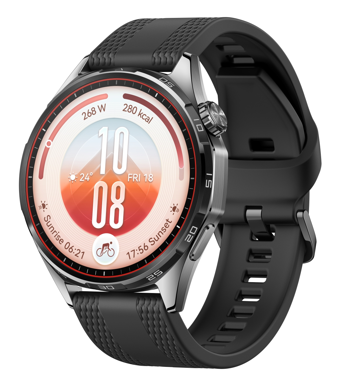 Czarny smartwatch z metalową kopertą, cyfrową tarczą i czarnym gumowym paskiem na białym tle.