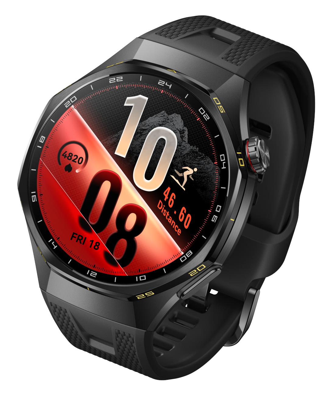 Czarny sportowy smartwatch z cyfrową tarczą, czerwonym akcentem projektowym i czarnym paskiem.