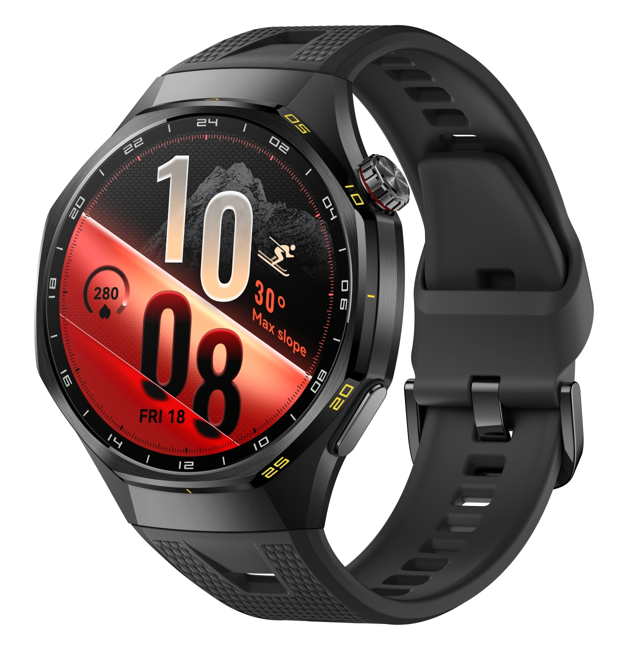Czarny sportowy smartwatch z cyfrowym wyświetlaczem, czerwonym akcentem, ikoną narciarską i czarnym paskiem.