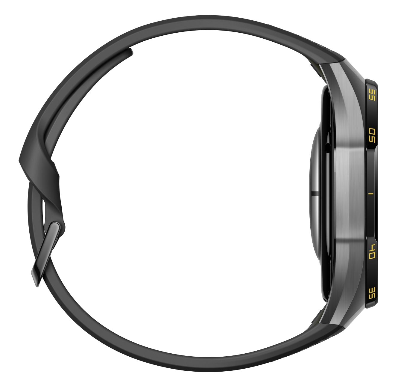 Czarny smartwatch z silikonowym paskiem z boku, z teksturowaną metalową kopertą i żółtymi cyframi.