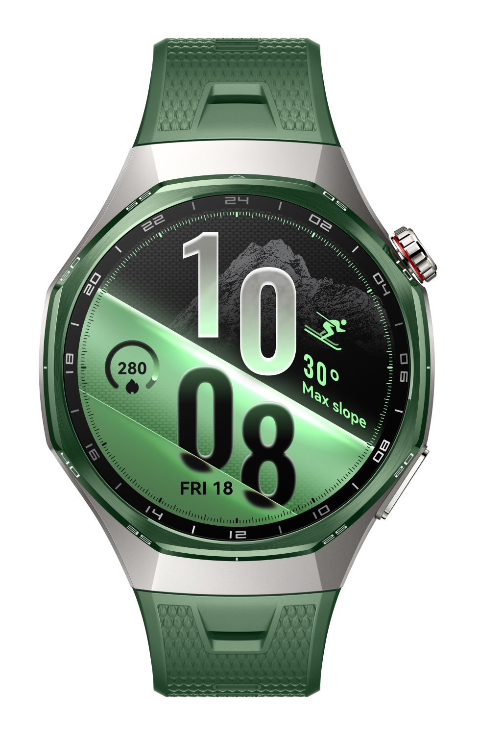 Zielony smartwatch z cyfrowym czasem, ikoną narciarza i motywem górskim na tarczy, z zielonym silikonowym paskiem.
