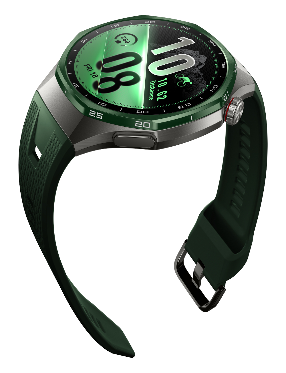 Zielony smartwatch z metalową obudową i cyfrowym wyświetlaczem pokazującym czas i dane dotyczące kondycji.