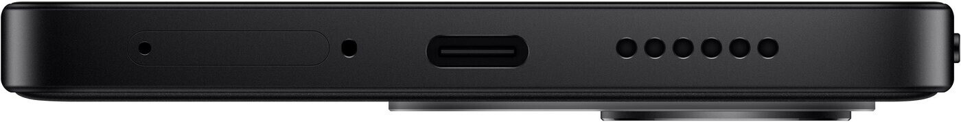Egy fekete okostelefon alsó éle SIM-tálcával, USB-C porttal és hangszóróval.