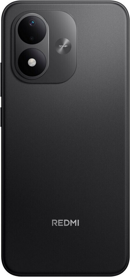 Fekete színű Redmi okostelefon hátlapja duál kamerával és REDMI logóval.