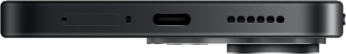 Fekete okostelefon alja USB-C porttal, hangszóróval és SIM-tálcával.