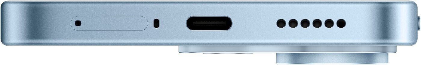 Egy kék okostelefon alsó nézete USB-C porttal, mikrofonnal és hangszórórácsokkal.