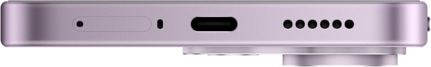 Egy lila okostelefon alja SIM-tálcával, USB-C porttal és hangszóróval.
