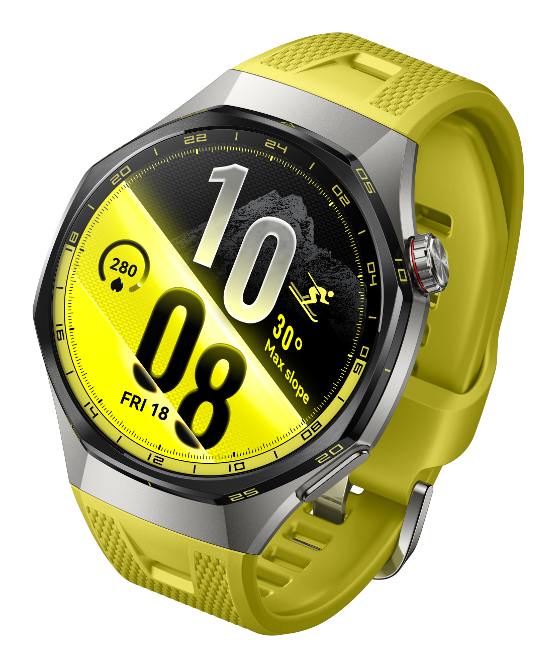 Nowoczesny smartwatch ze srebrną kopertą, żółtym paskiem i cyfrową tarczą do sportów zimowych.
