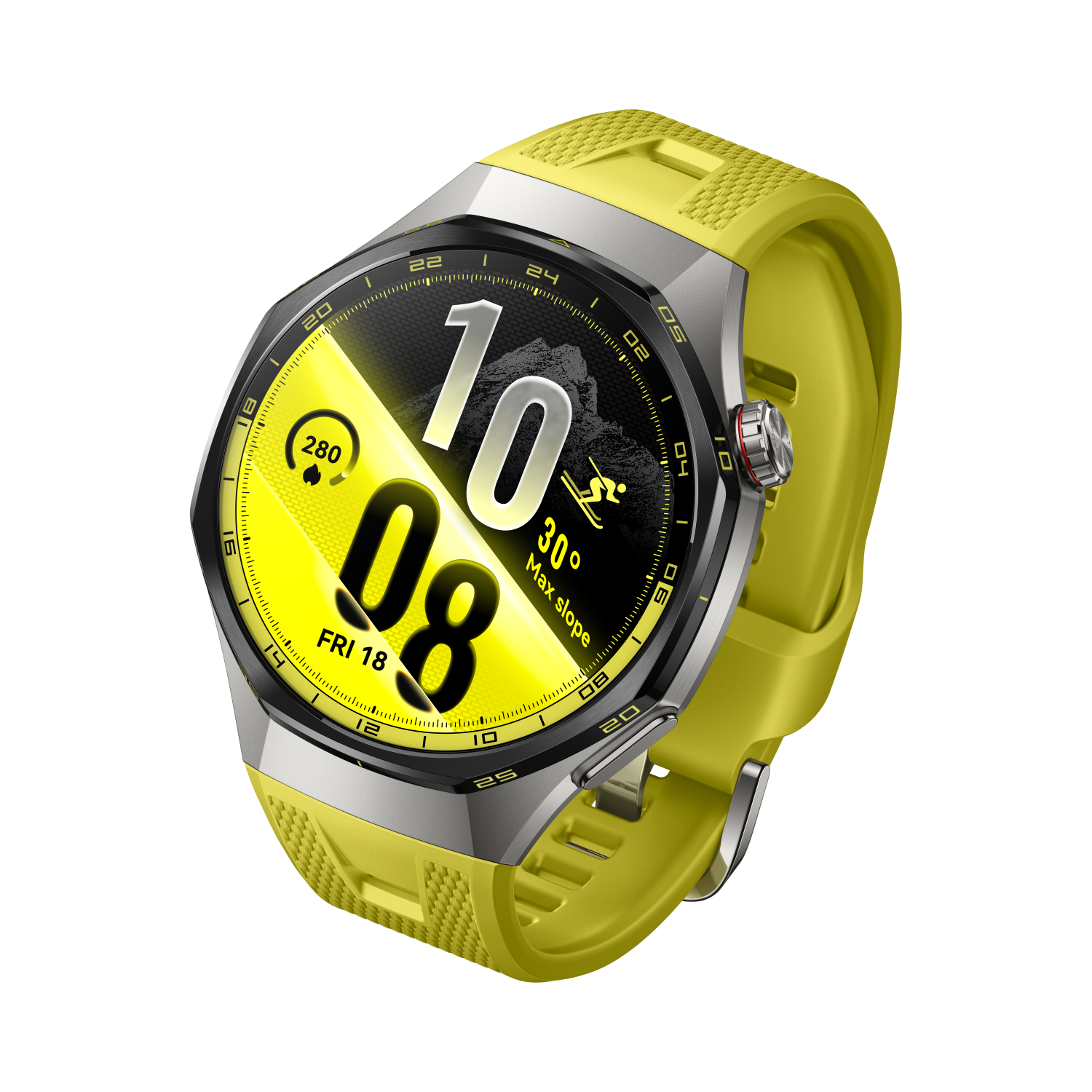 Stylowy smartwatch z żółtym paskiem i cyfrową tarczą na czarnym tle.