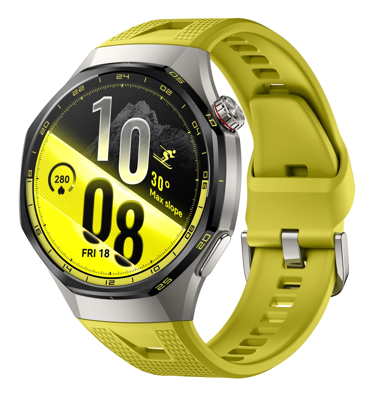 Smartwatch z żółtym silikonowym paski i cyfrowym wyświetlaczem czasu i statystyk fitness.
