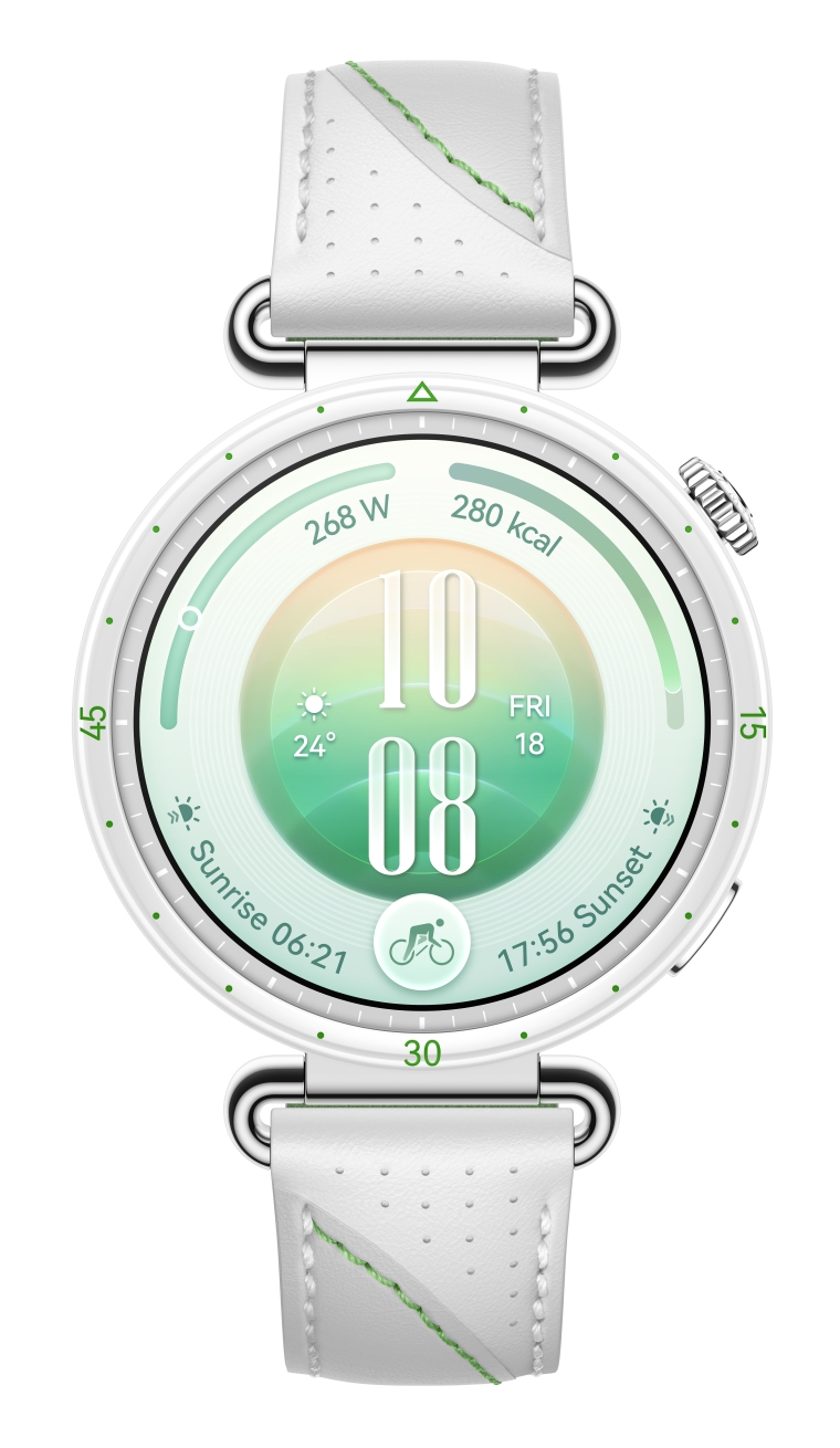 Biały smartwatch z białym skórzanym paskiem, zieloną tarczą, czasem cyfrowym 10:08 i danymi aktywności.