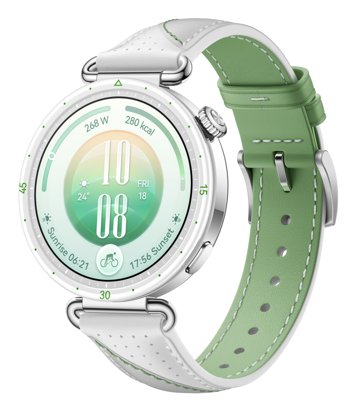 Biały smartwatch z zielonym skórzanym paskiem pokazuje godzinę 10:08 i dane fitness.