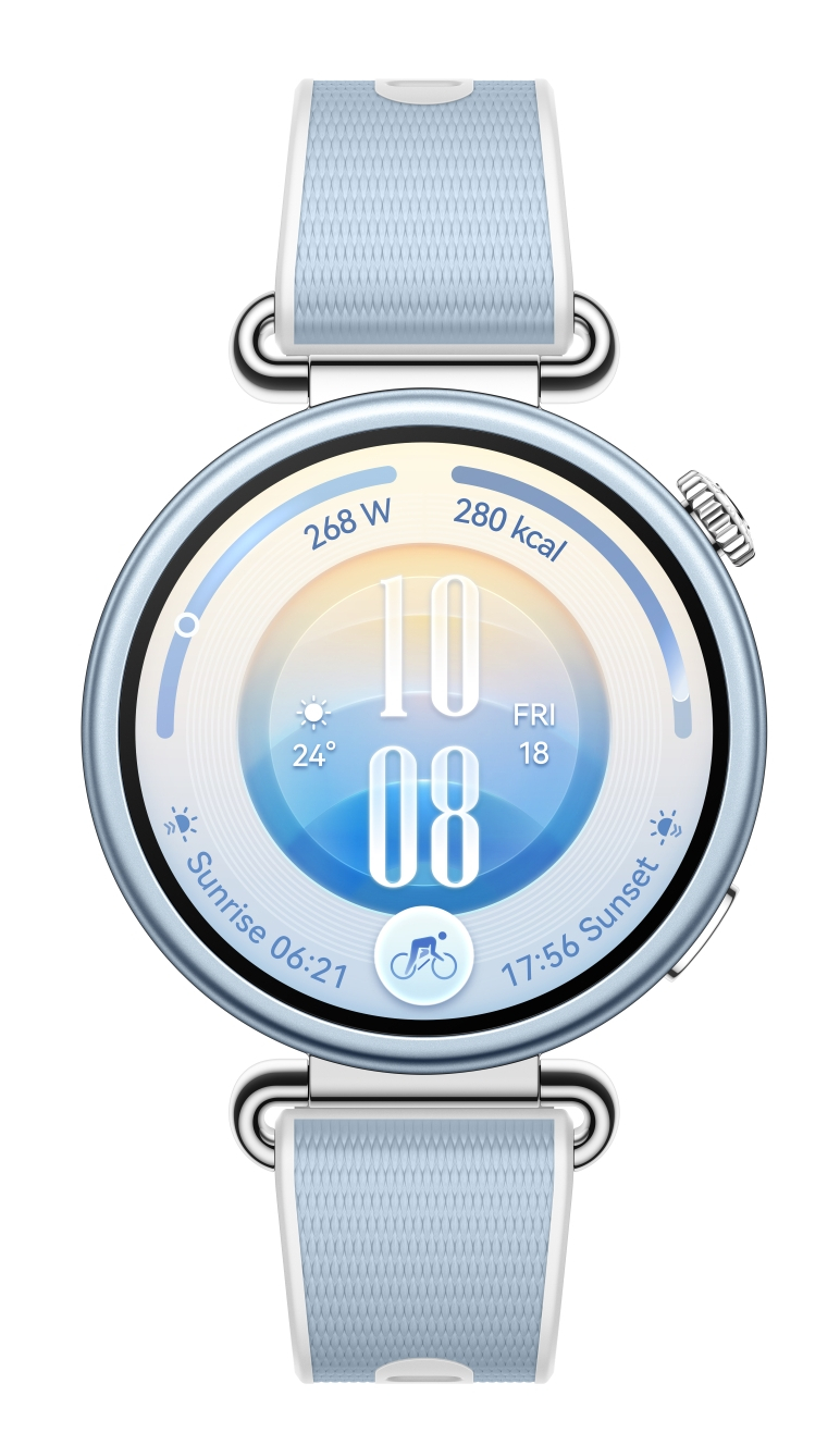 Jasnoniebieski smartwatch z cyfrową tarczą i paskiem sportowym na białym tle.