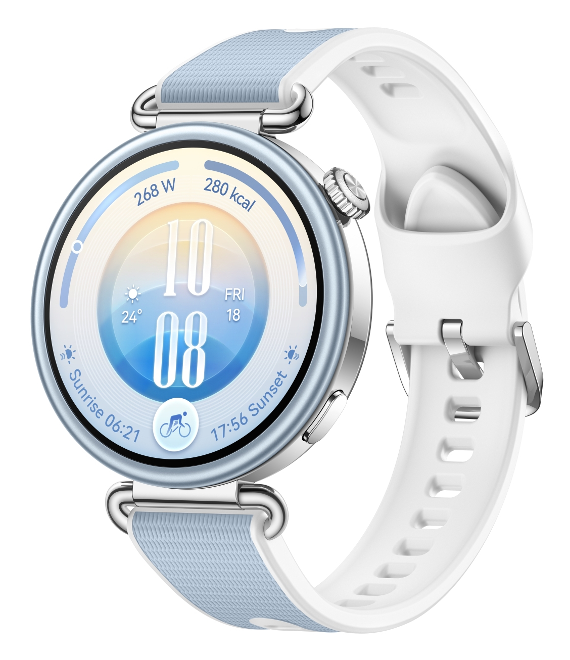Elegancki smartwatch ze srebrną kopertą, białym paskiem i okrągłym ekranem.