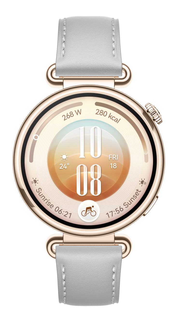 Różowozłoty smartwatch z białym paskiem i tarczą przedstawiającą zachód słońca i dane fitness.