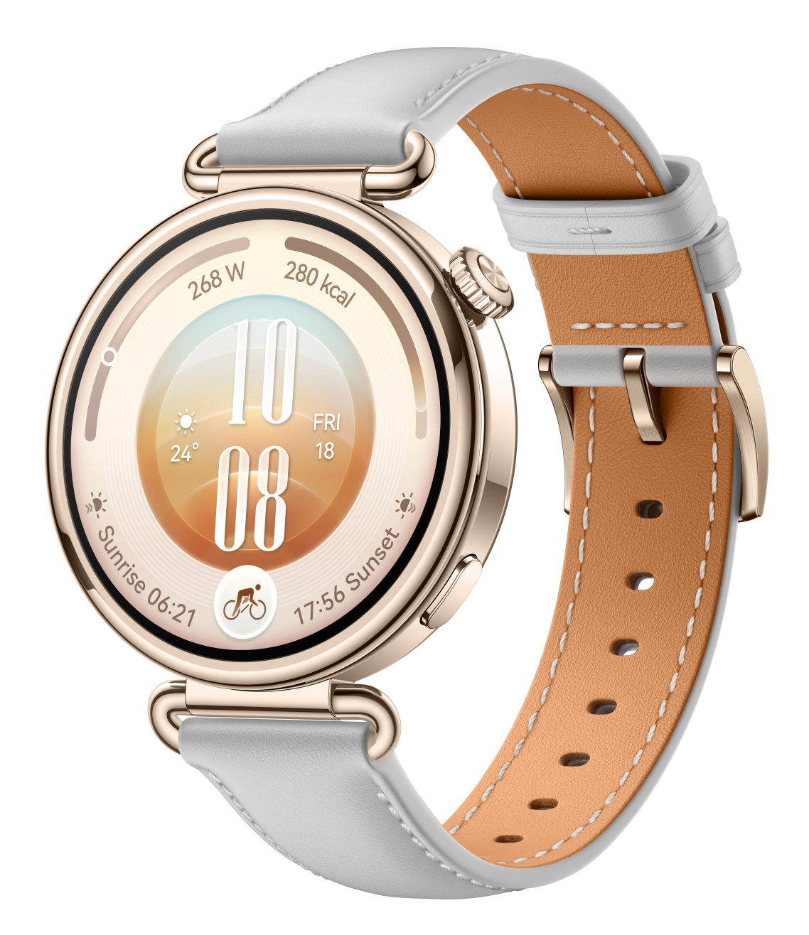 Złoty smartwatch z białym skórzanym paskiem i cyfrową tarczą na czarnym tle.