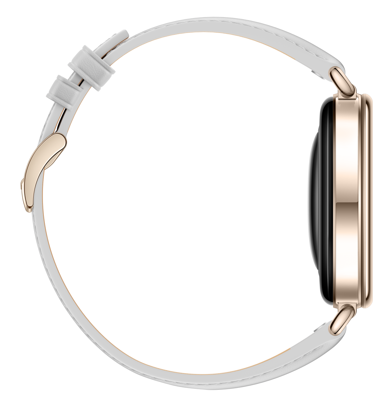 Smartwatch ze złotą kopertą i białym skórzanym paskiem, widziany z boku na czarnym tle.