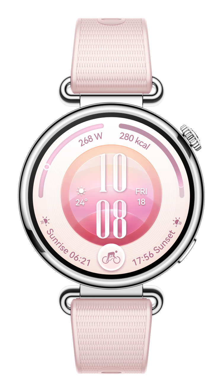 Srebrny smartwatch z różową tarczą, cyfrowym czasem i danymi fitness na czarnym tle.