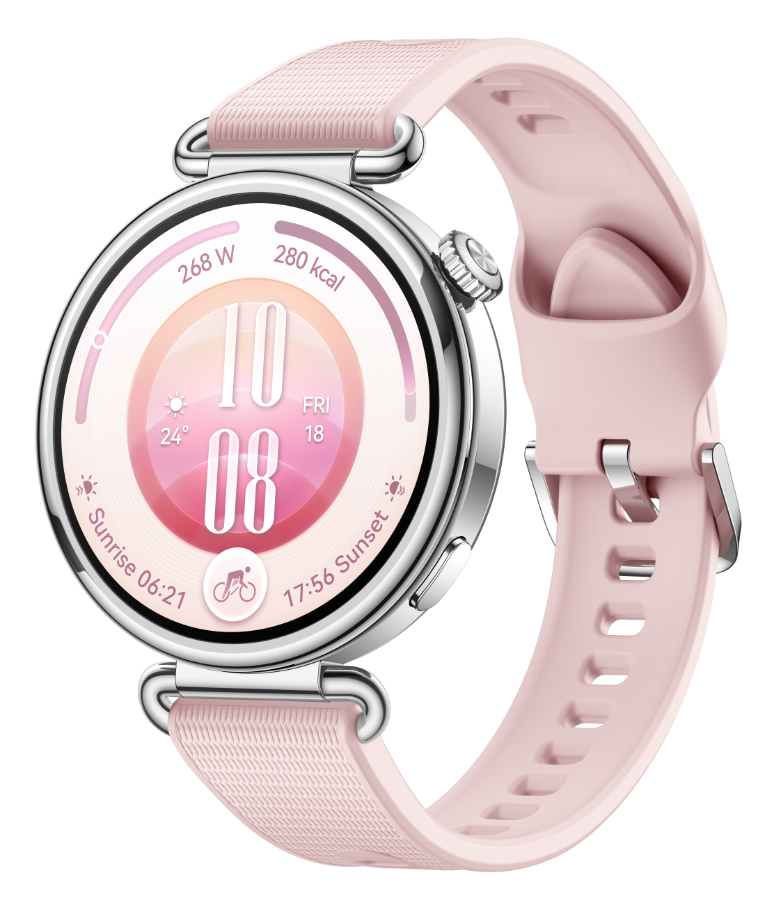 Różowy smartwatch ze srebrną kopertą pokazuje godzinę, kalorie i czas wschodu słońca na ekranie.