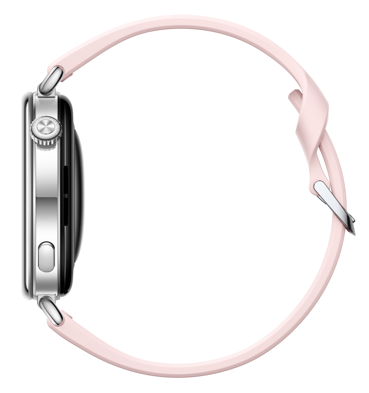 Srebrny smartwatch z jasnoróżowym silikonowym paskiem na czarnym tle, widok z boku.
