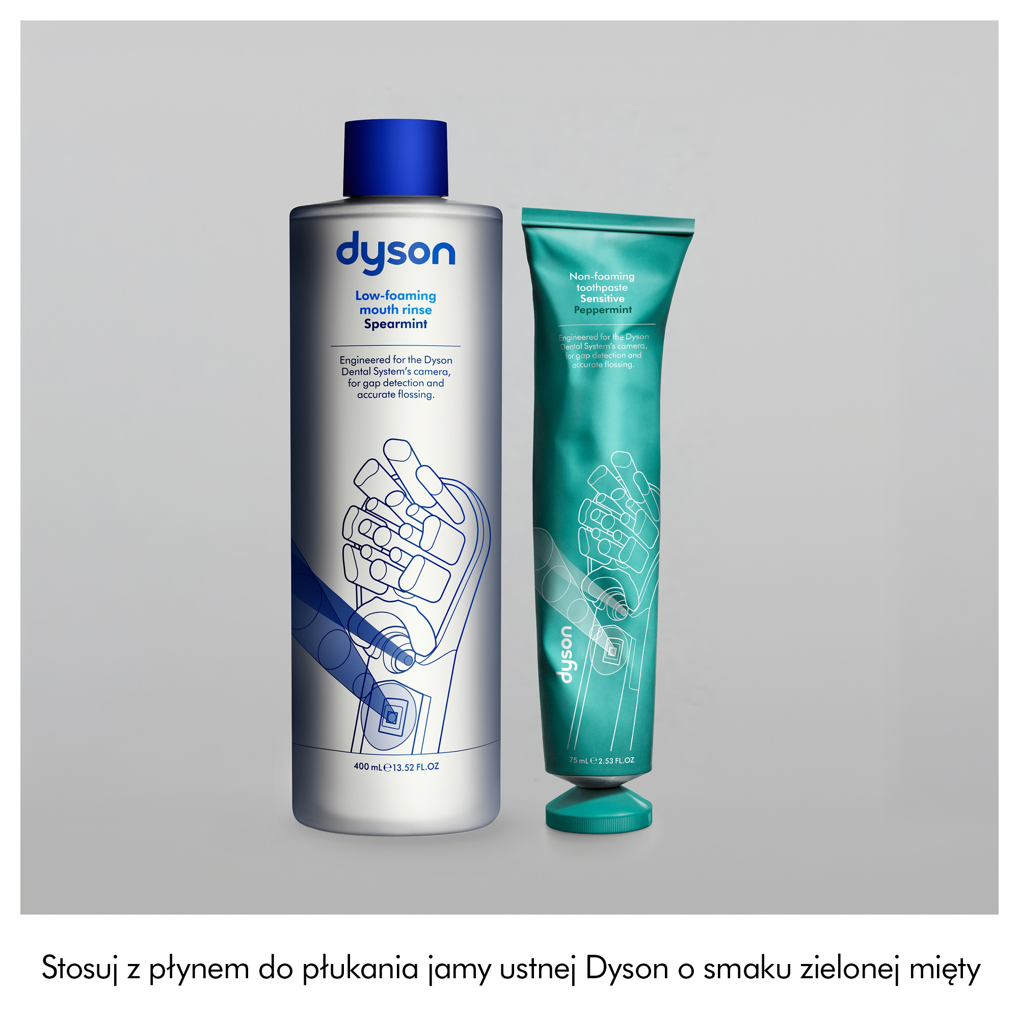 Butelka płynu do płukania ust Dyson i tuba pasty do zębów z niebiesko-zielonym wzorem i tekstem.