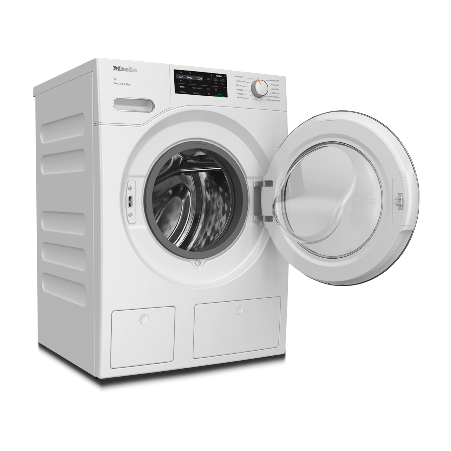 Una lavatrice bianca Miele con la porta aperta su sfondo bianco.
