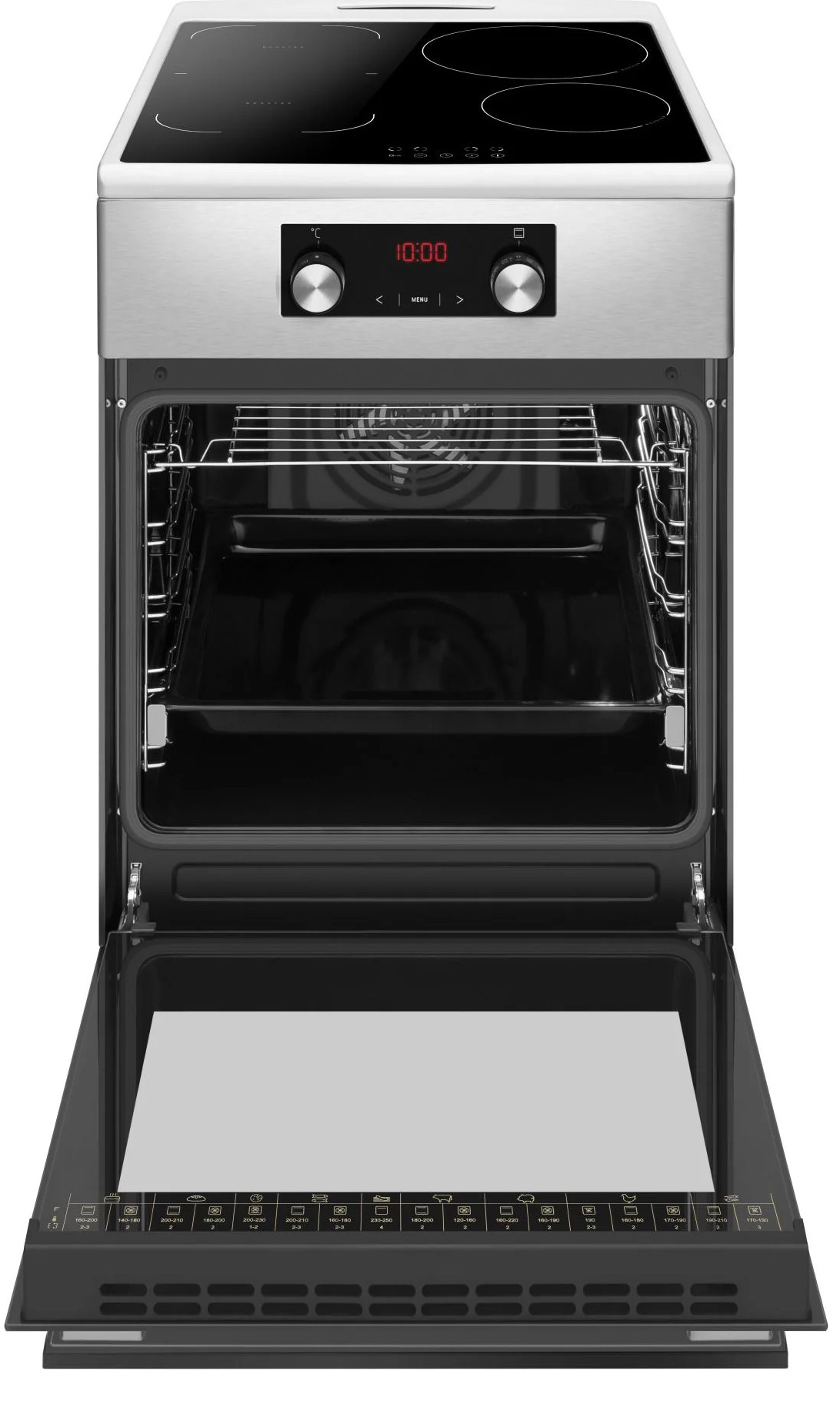 Wolnostojąca biała kuchenka elektryczna z otwartymi drzwiczkami, czarnym wnętrzem i płytą indukcyjną.