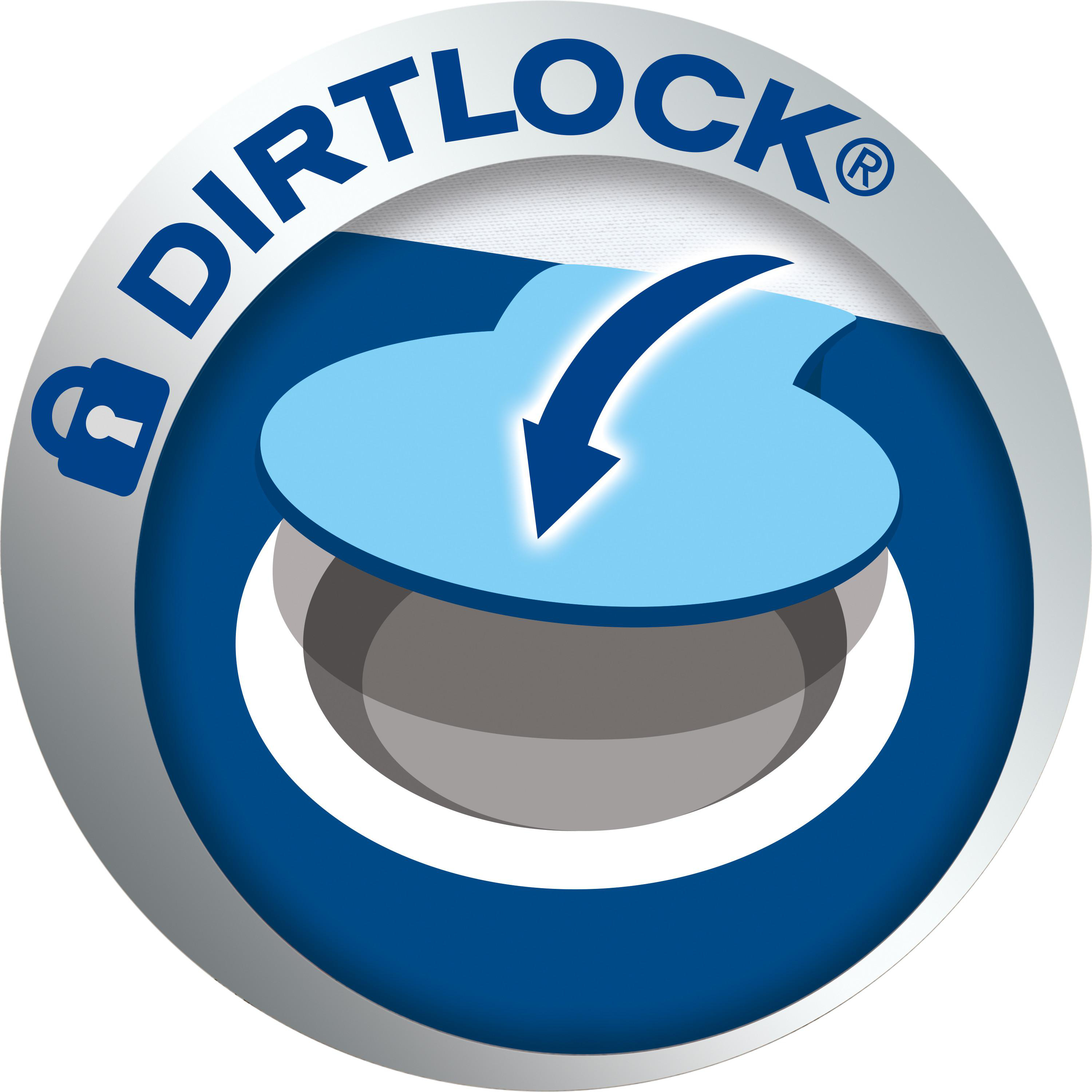 Ein rundes Logo mit silbernem Rand zeigt den Text DIRTLOCK, ein blaues Schloss-Symbol und einen blauen Abwärtspfeil.