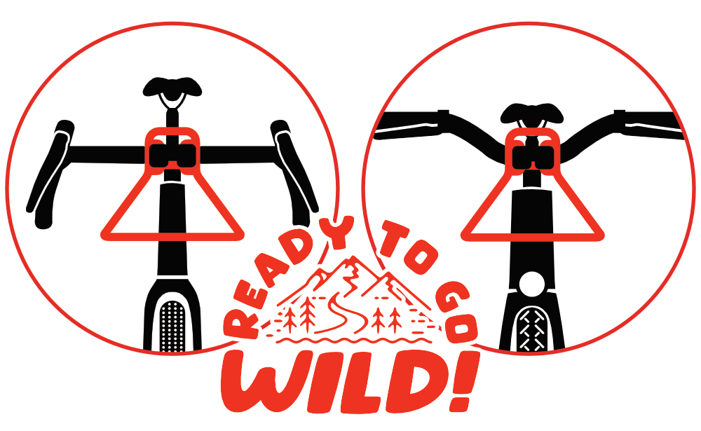 Zwei Fahrradlenker-Diagramme mit einem roten Haken und dem Schriftzug Ready to go Wild.