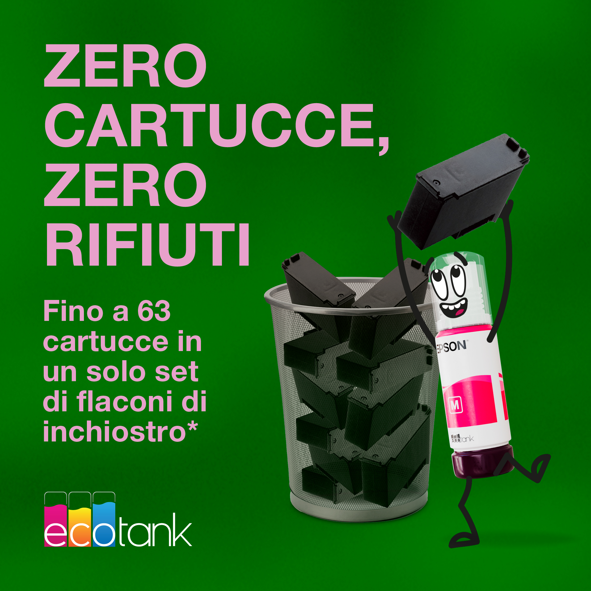 Un personaggio di bottiglia d'inchiostro Epson EcoTank getta una cartuccia in un cestino.