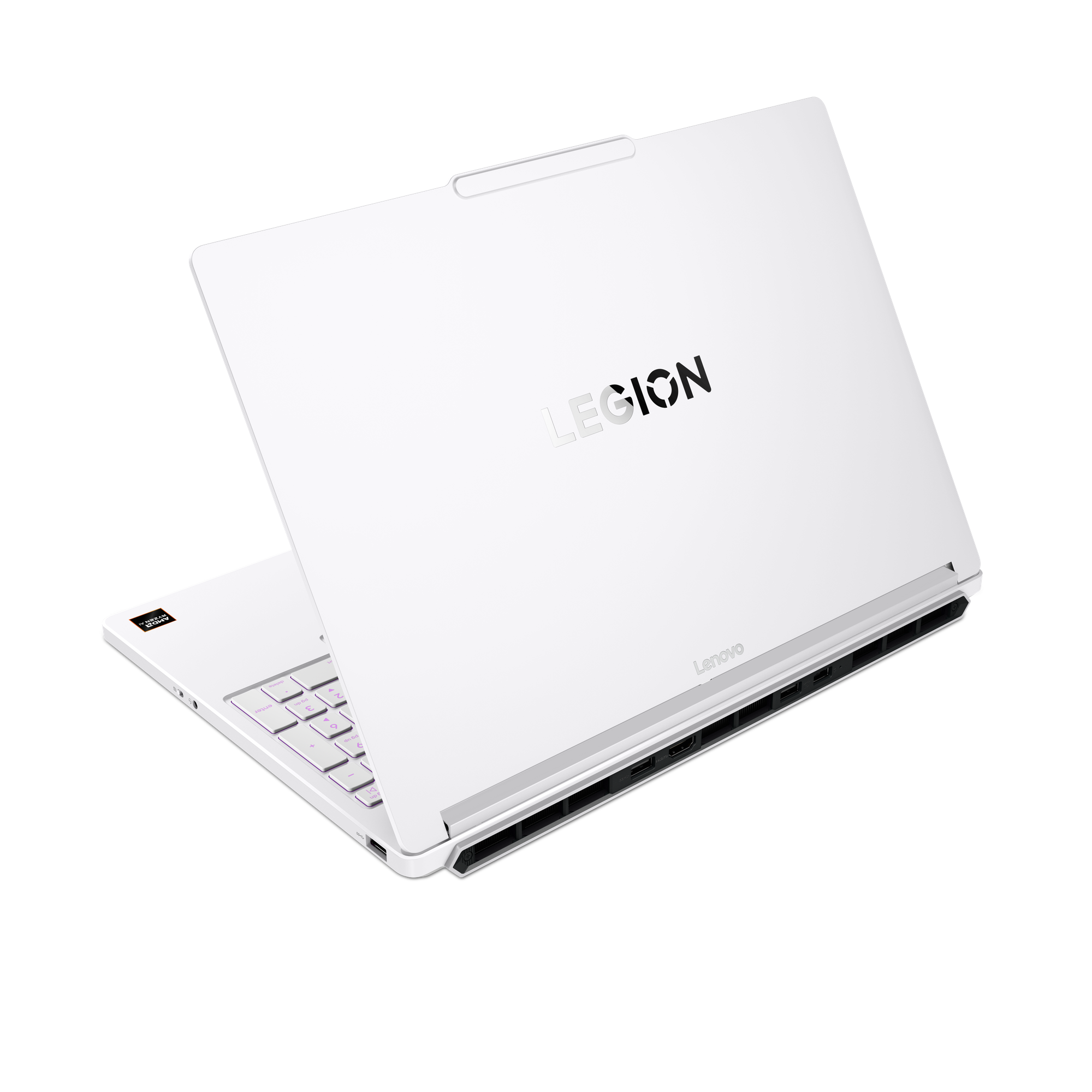 Ein weißer Lenovo Legion Gaming-Laptop mit geöffnetem Bildschirm vor schwarzem Hintergrund.