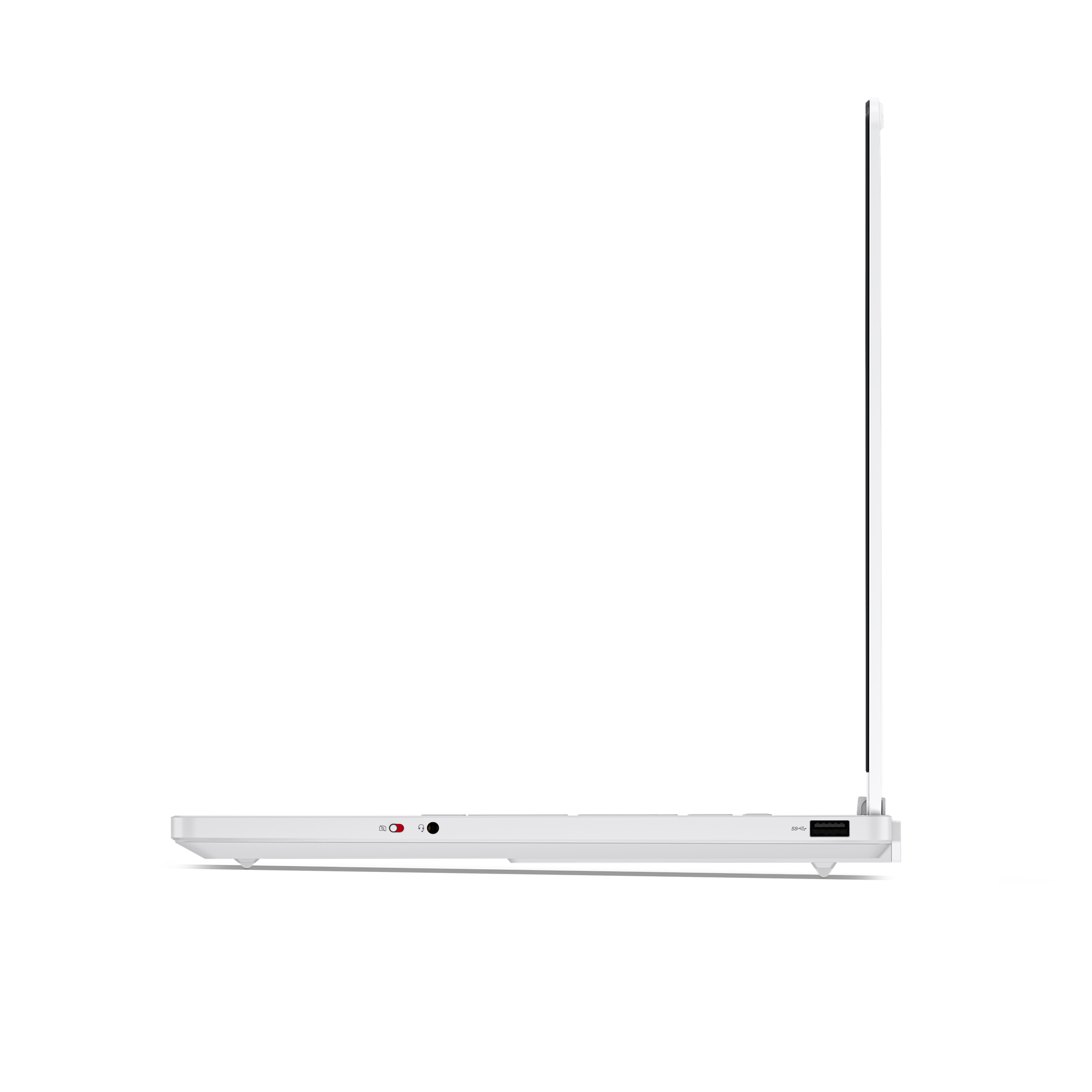 Seitenansicht eines geschlossenen weißen Laptops mit sichtbaren Anschlüssen.