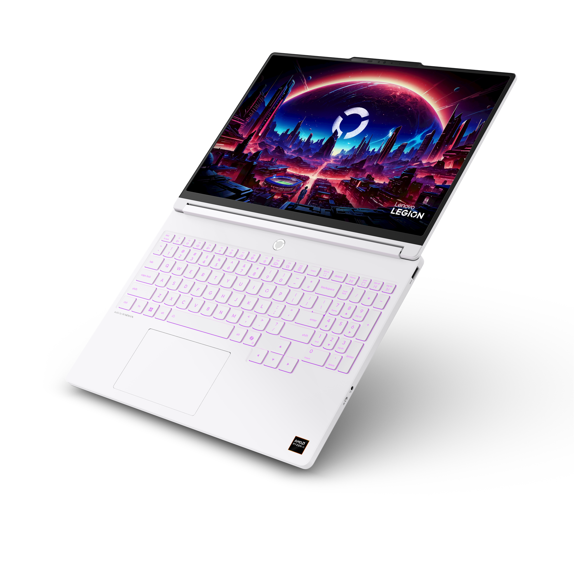 Ein weißes Lenovo Legion Laptop mit beleuchteter Tastatur und futuristischem Wallpaper.