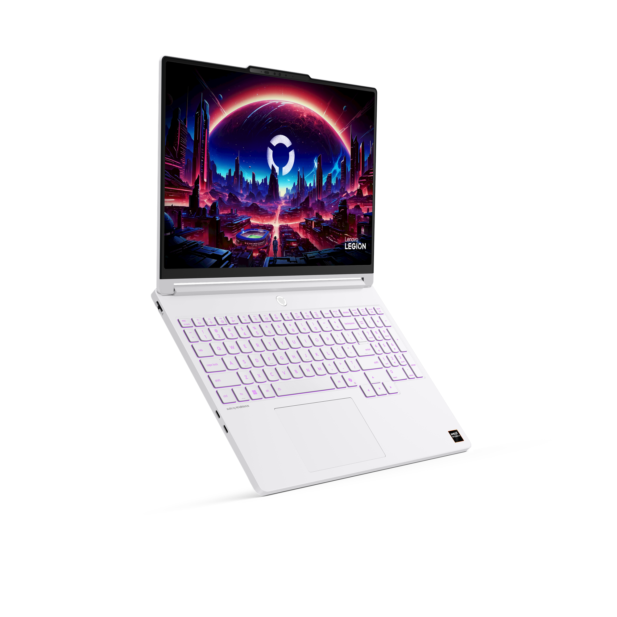 Ein weißer Lenovo Legion Laptop zeigt eine farbenfrohe futuristische Stadtlandschaft auf dem Bildschirm.
