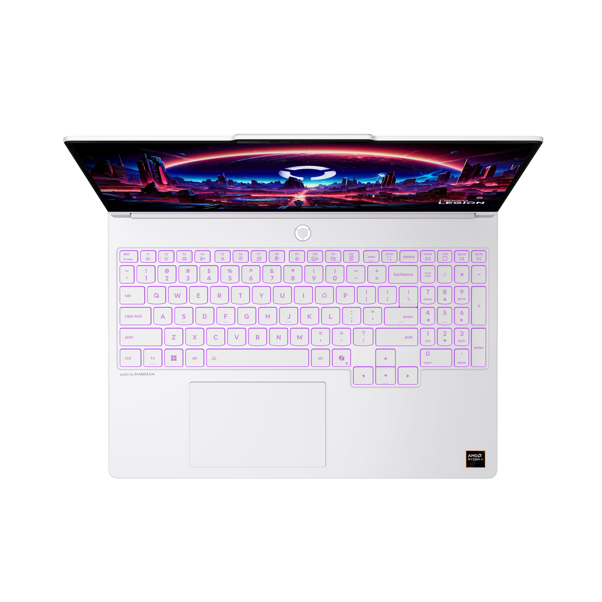 Top-Ansicht eines weißen Lenovo-Laptops mit beleuchteter Tastatur und futuristischem Hintergrundbild auf dem Bildschirm.