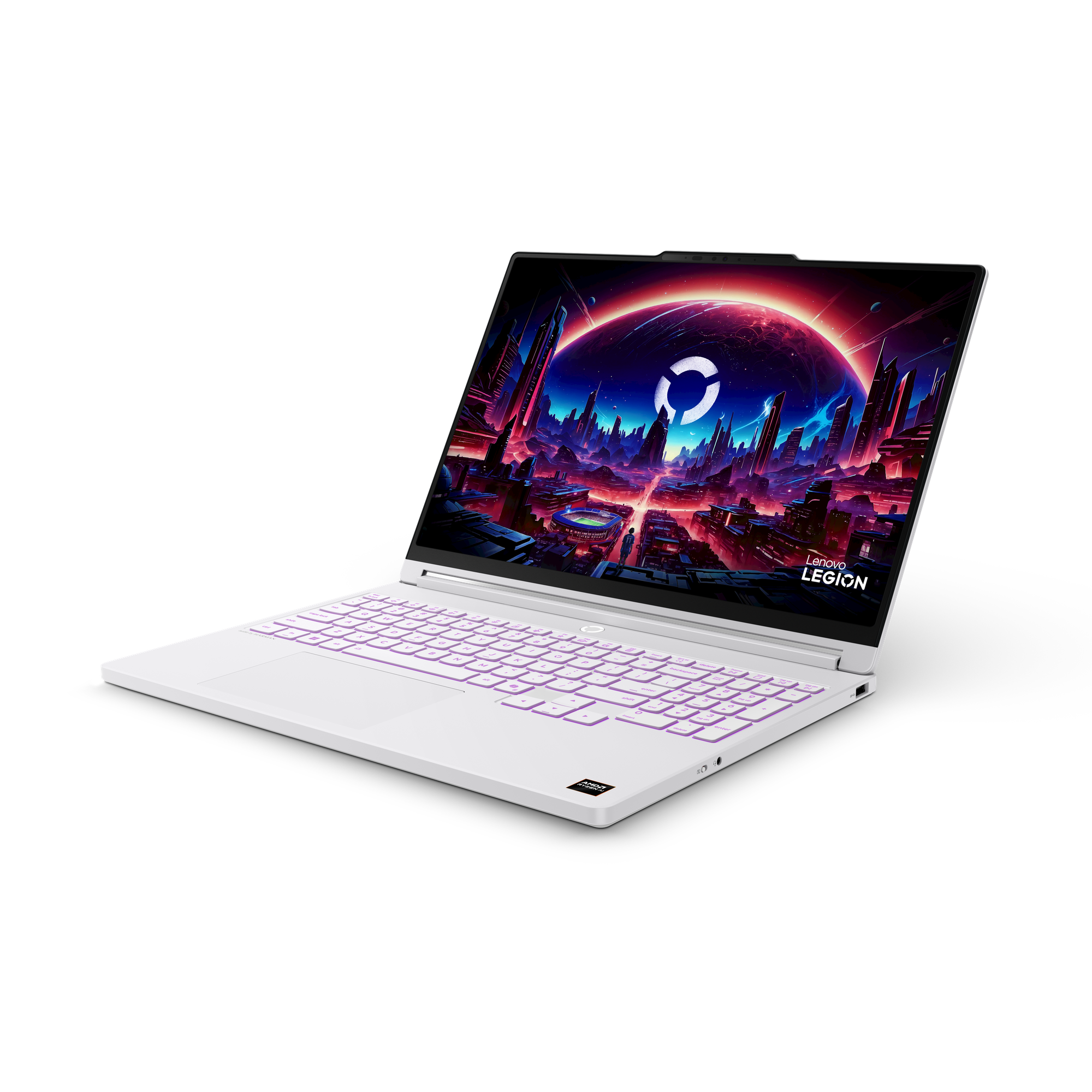 Ein weißes Lenovo Legion Laptop mit beleuchteter Tastatur und futuristischem Wallpaper vor schwarzem Hintergrund.
