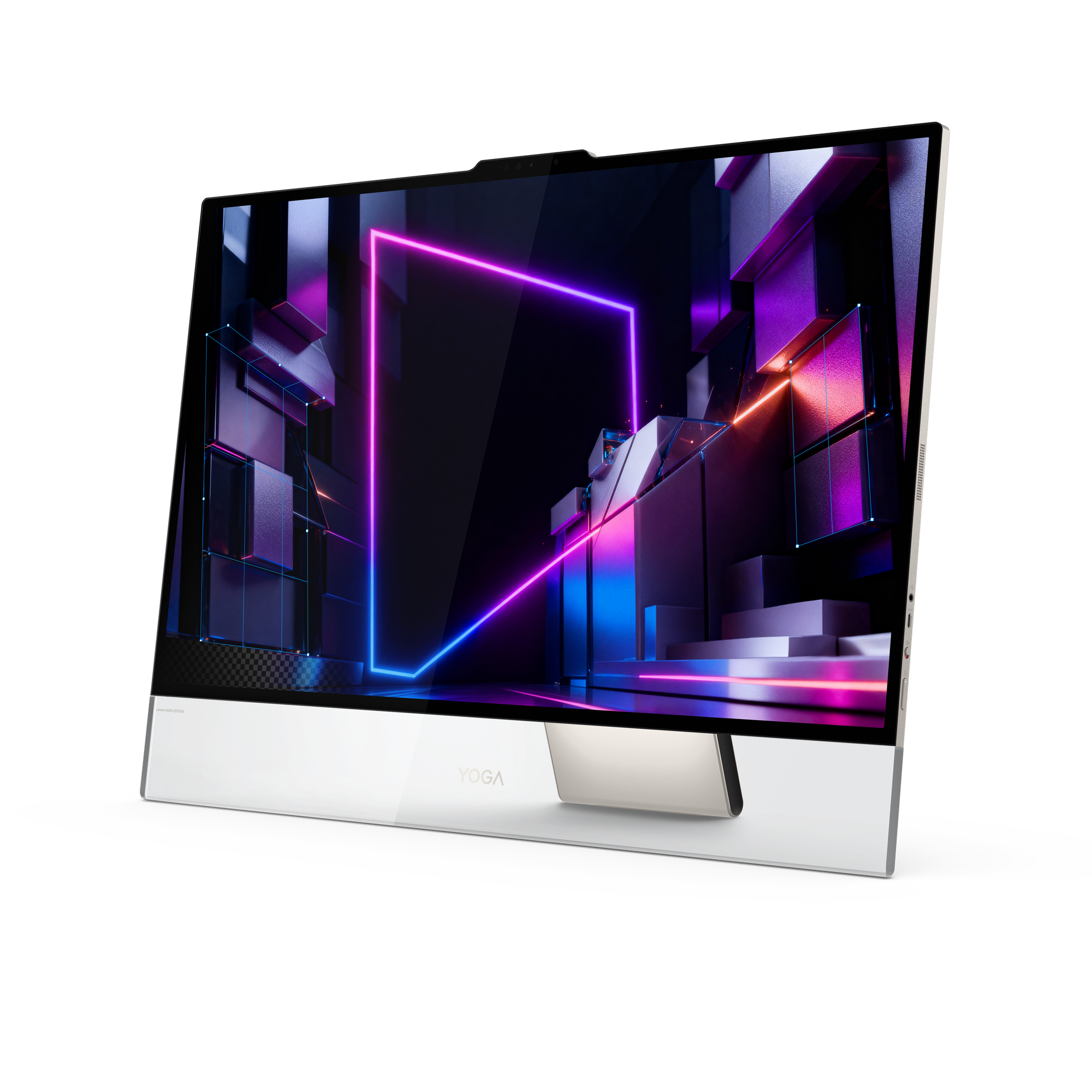 Ein Yoga All-in-One-Desktop-Computer mit lebendiger lila Neon-Geometrie-Tapete vor schwarzem Hintergrund.