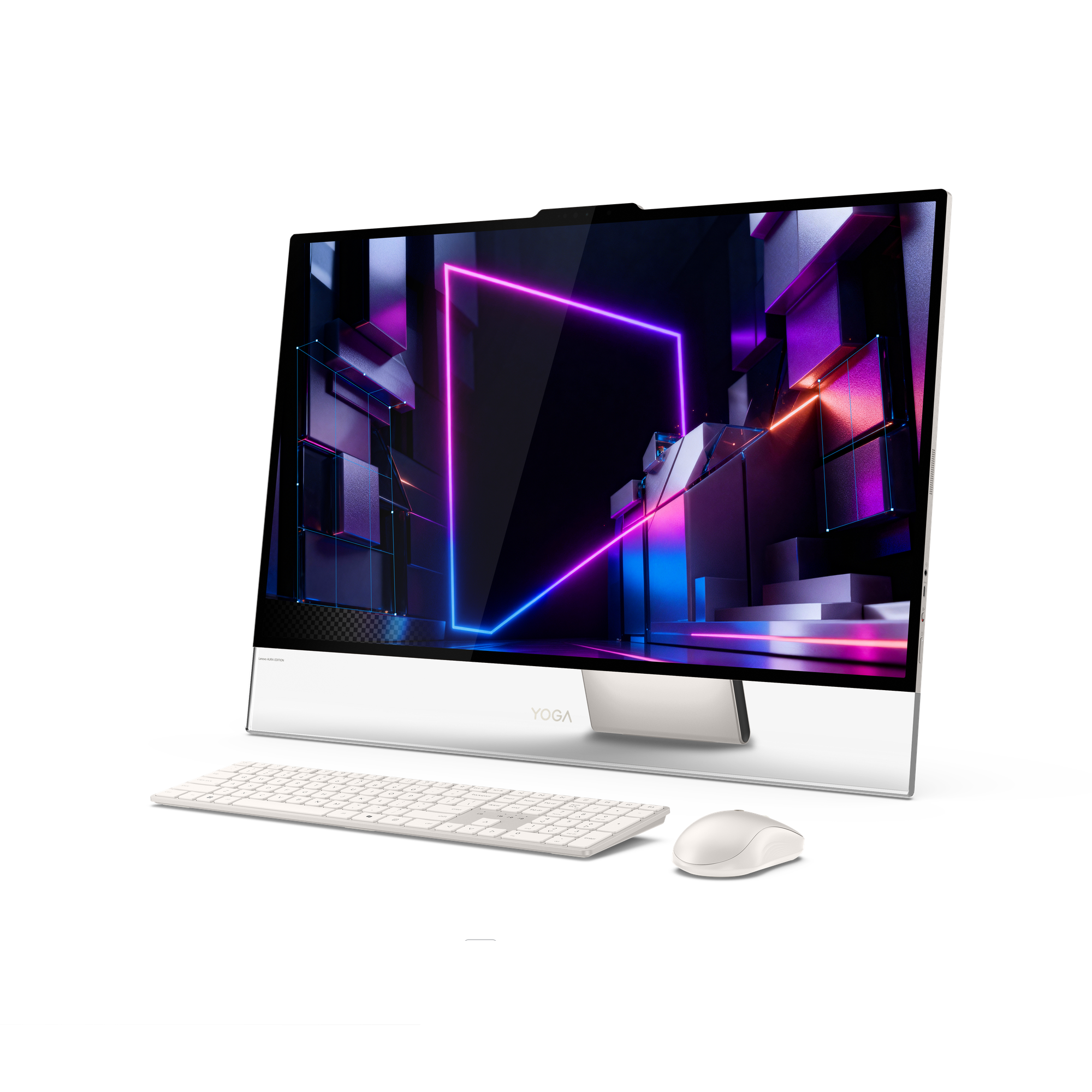 Ein Yoga All-in-One-Desktop-PC mit buntem Bildschirm, weißer Tastatur und Maus vor schwarzem Hintergrund.