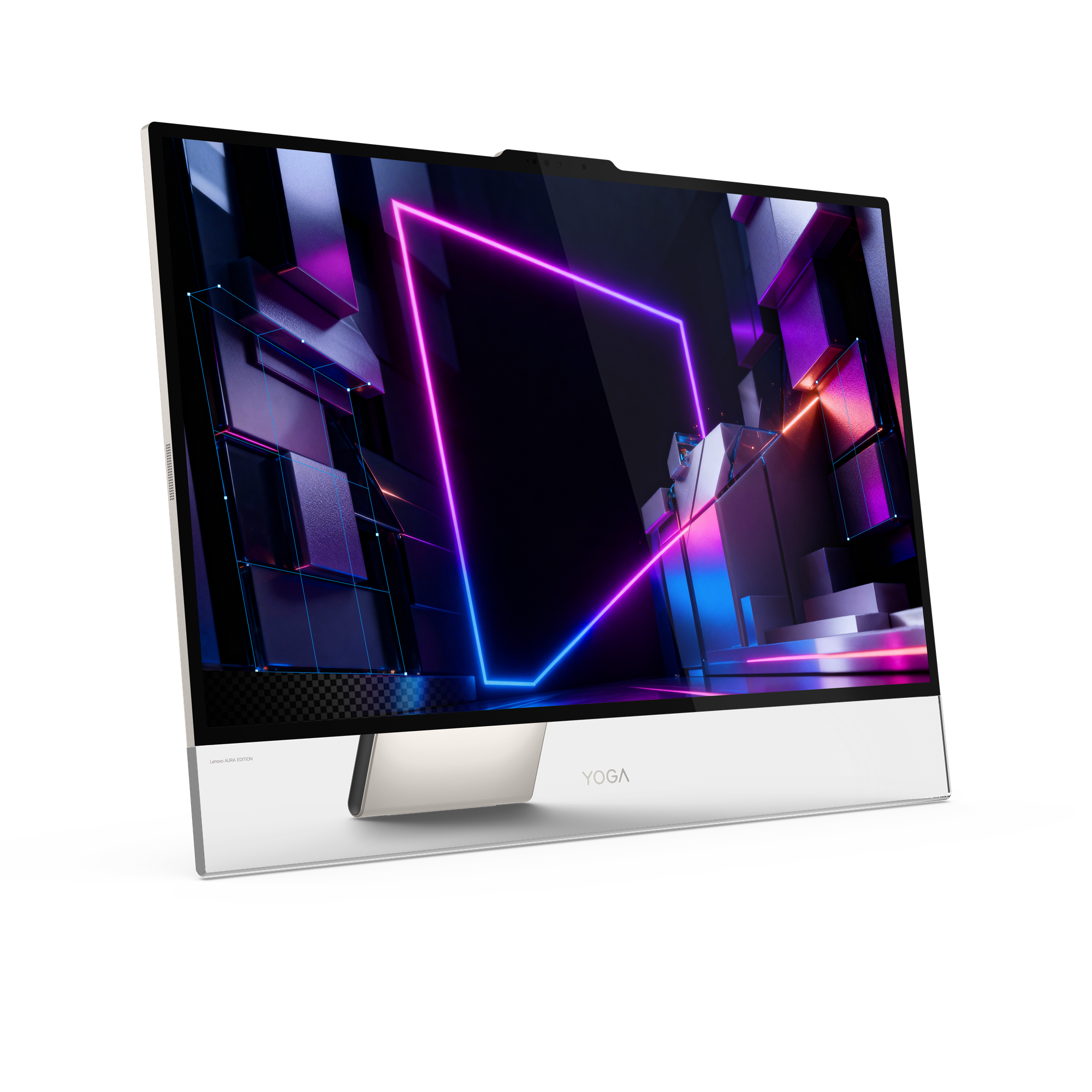 Ein Yoga All-in-One-Desktop-Computer zeigt eine abstrakte Neongrafik auf dem Bildschirm vor schwarzem Hintergrund.