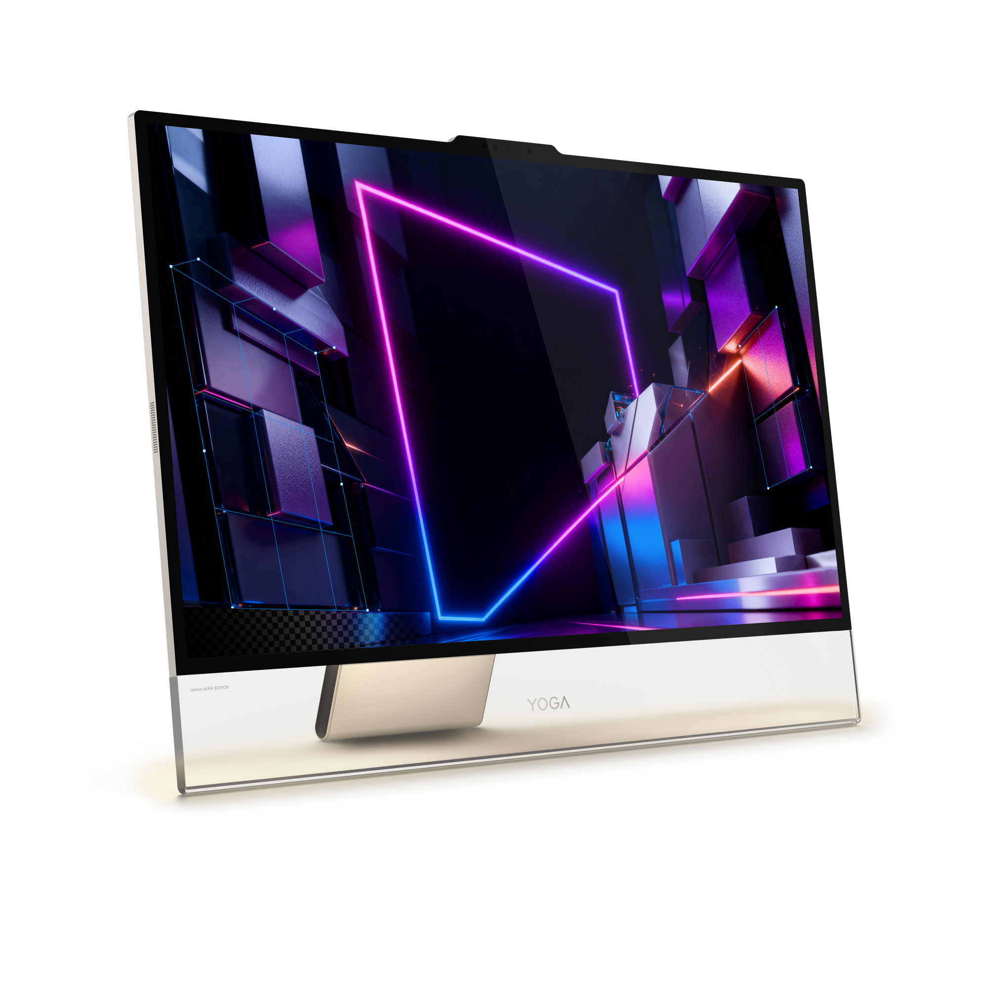Ein Lenovo Yoga All-in-One-PC zeigt ein abstraktes, neonbeleuchtetes geometrisches Bild auf einem schwarzen Hintergrund.