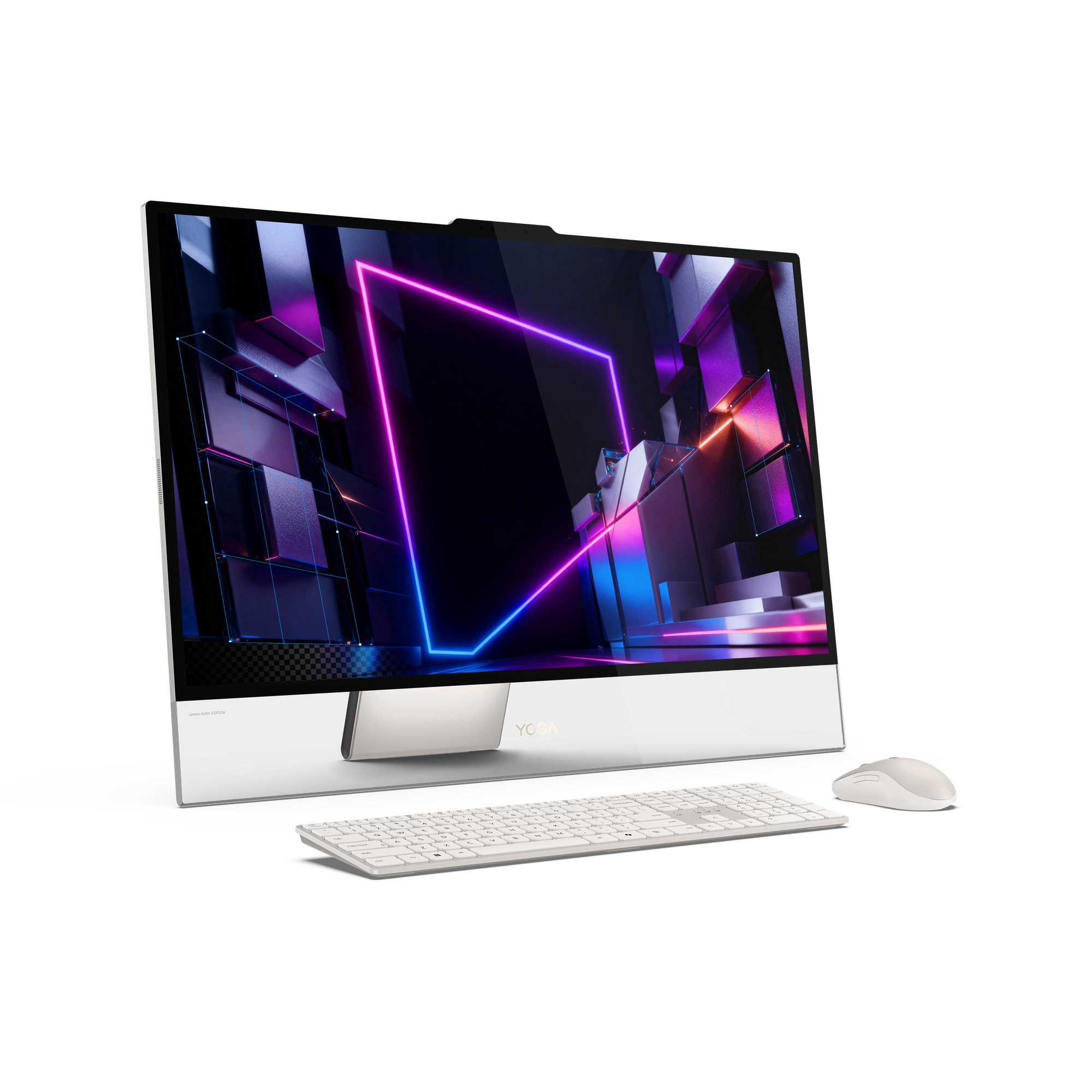 Ein Yoga All-in-One-Computer mit leuchtendem Bildschirm, weißer Tastatur und Maus vor schwarzem Hintergrund.