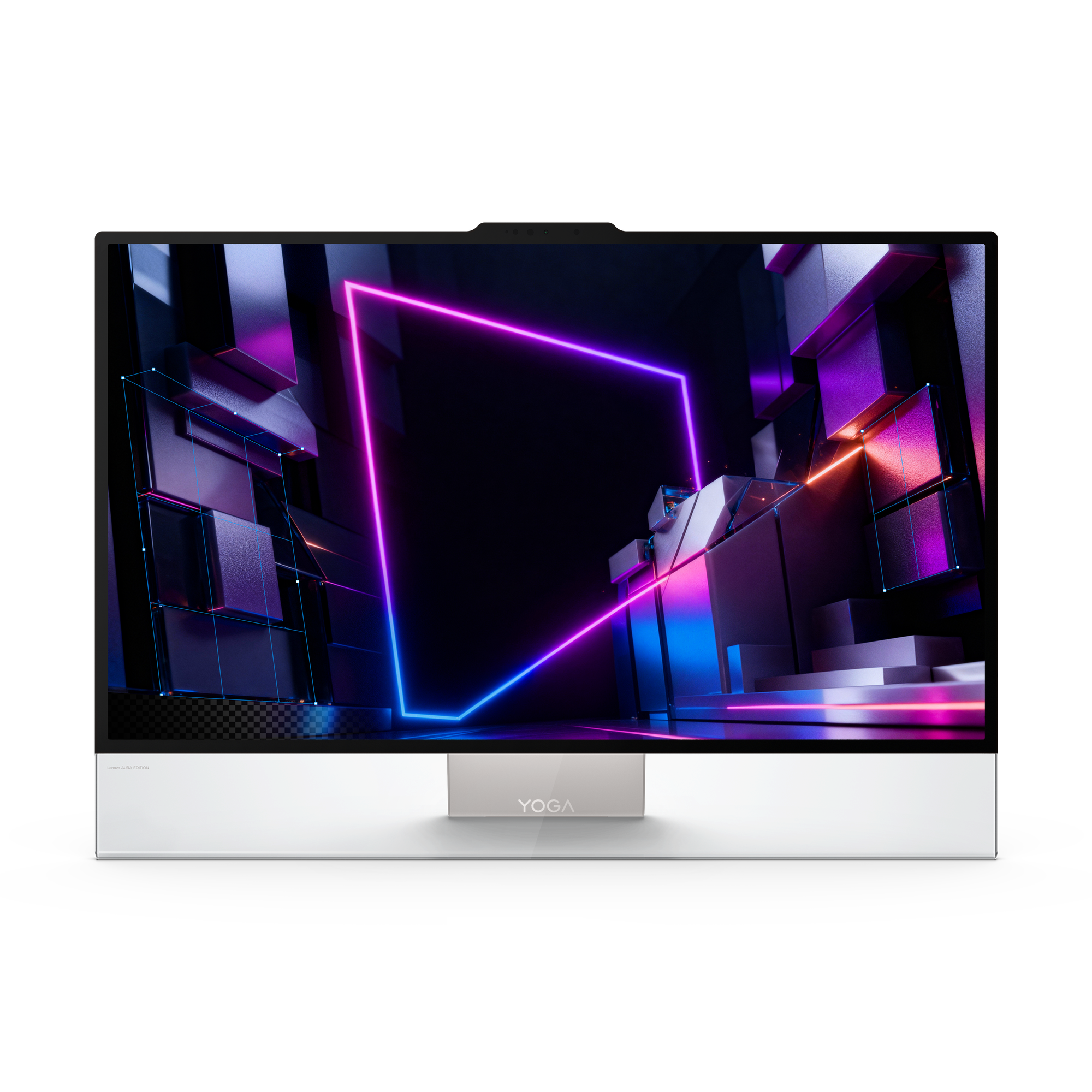 Frontansicht eines Yoga-Monitors mit abstraktem, neonbeleuchtetem Hintergrund auf dem Bildschirm.
