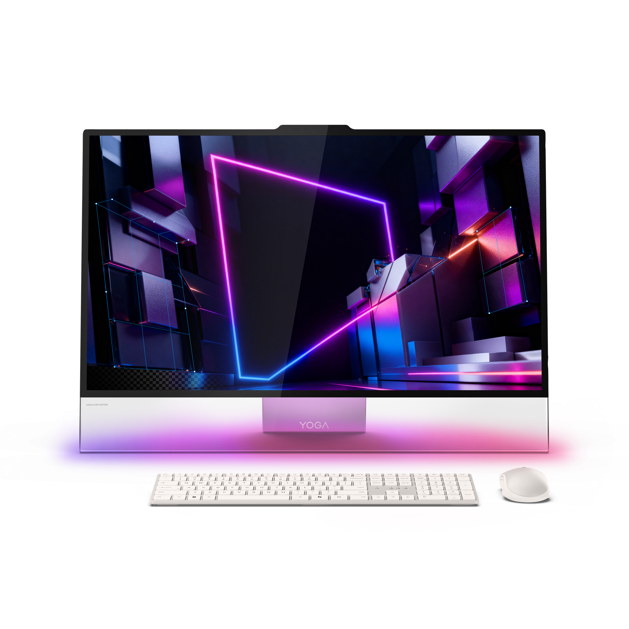 Ein Yoga All-in-One-PC mit Tastatur und Maus auf schwarzem Hintergrund, beleuchtet von bunten Neonlichtern.