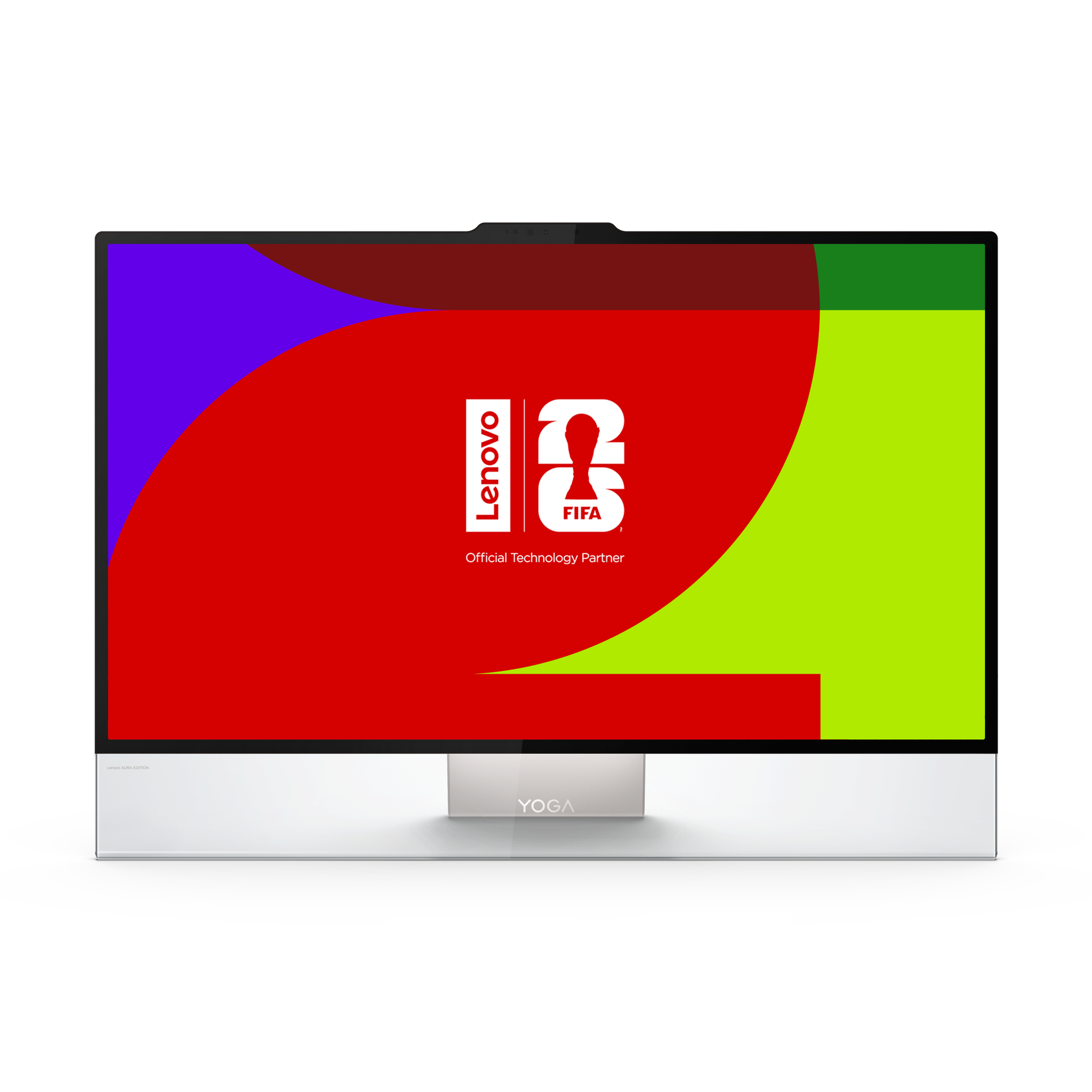 Ein Lenovo Yoga Desktop zeigt eine bunte Grafik mit Lenovo- und FIFA-Logos als offizieller Technologiepartner.