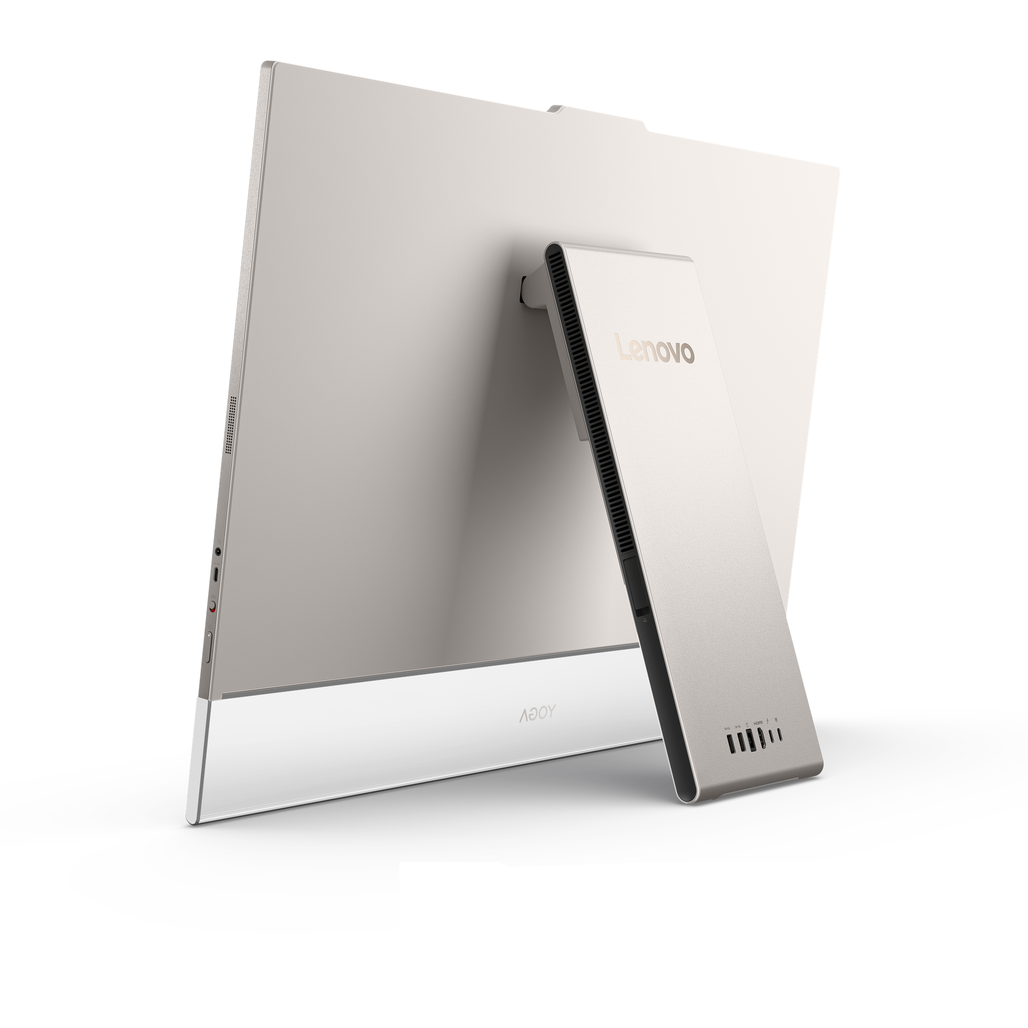 Rückansicht eines silbernen Lenovo All-in-One-PCs mit integriertem Ständer und Anschlüssen auf schwarzem Hintergrund.